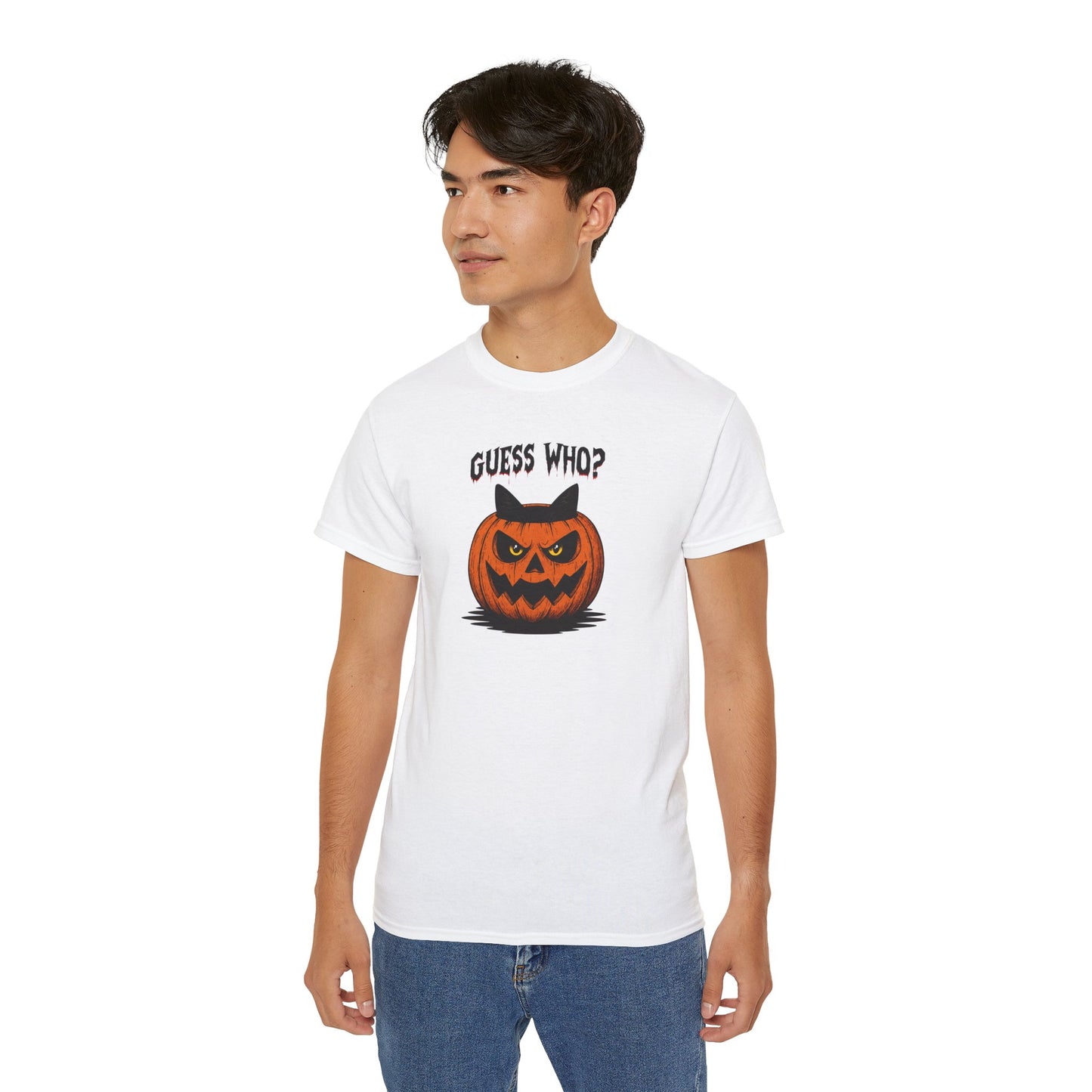 T-Shirt: Guess Who? – Halloween Cat Pumpkin Graphic Tee – Spooky Funny Unisex Shirt for Scary Season