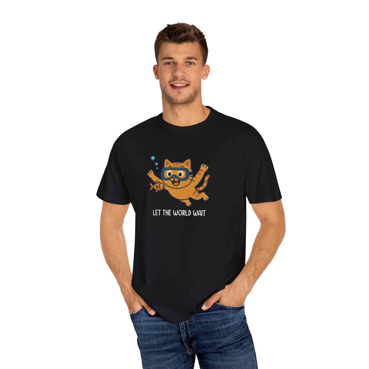 T-Shirt: Let The World Wait - Funny Swimming Cat Graphic Tee - Cute Unisex Shirt for Cat Lovers & Chill Vibes
