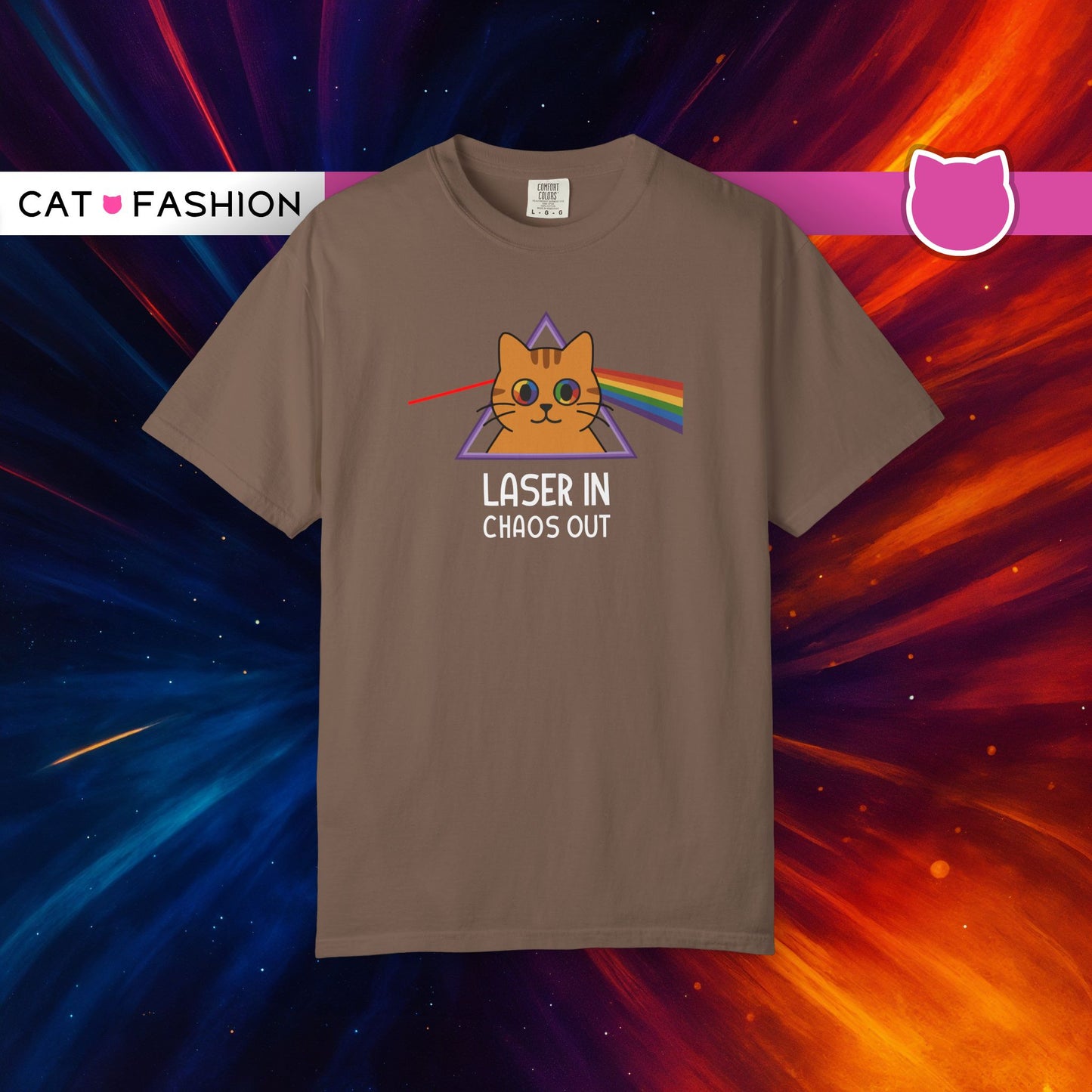 T-Shirt: Laser In - Chaos Out Cat Tee - Funny Rainbow Triangle Meme Shirt - Unisex Graphic Top for Nerds, Gamers and Cat People