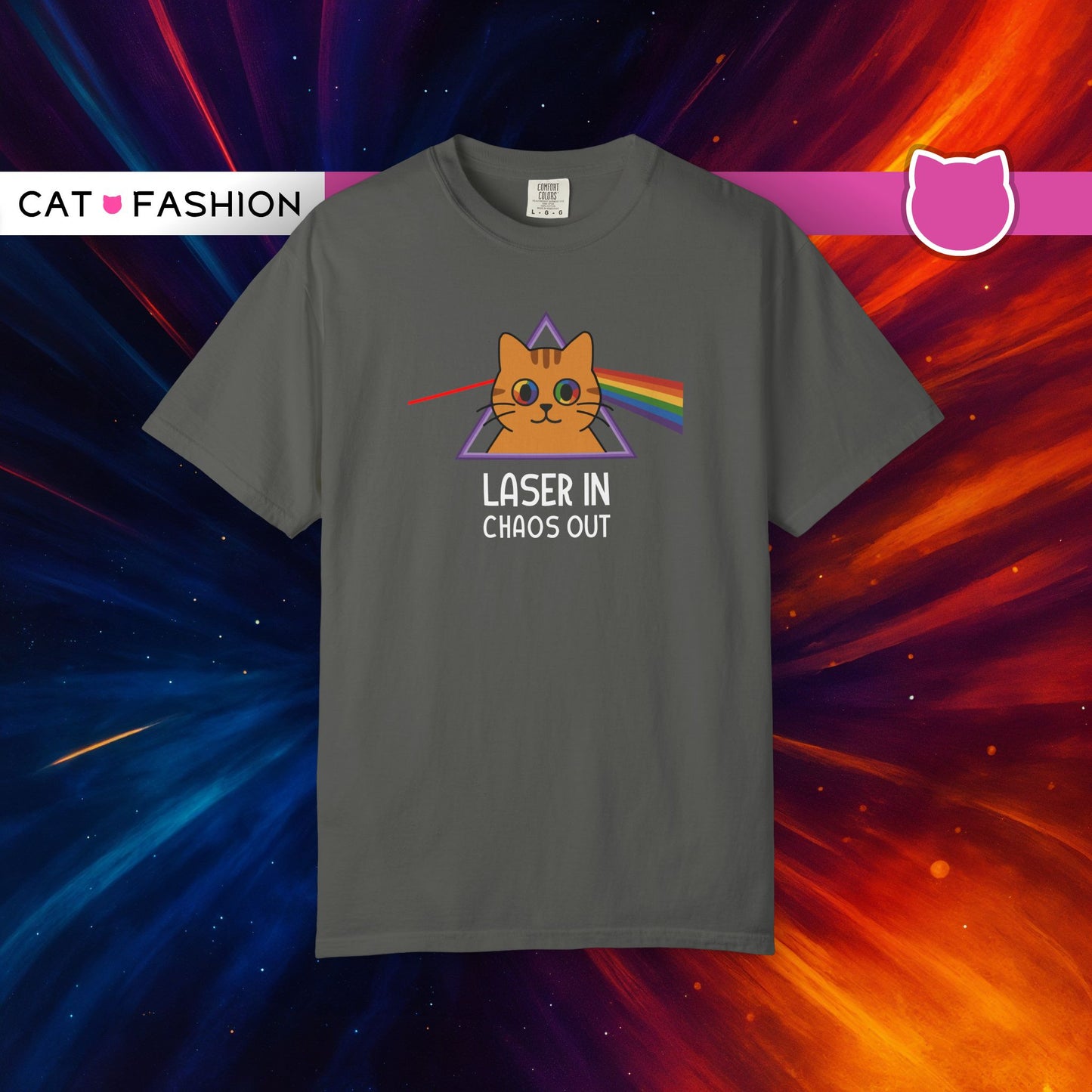 T-Shirt: Laser In - Chaos Out Cat Tee - Funny Rainbow Triangle Meme Shirt - Unisex Graphic Top for Nerds, Gamers and Cat People