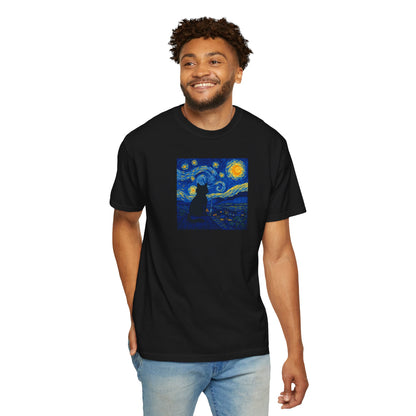 T-Shirt: The Starry Night with Cat - Van Gogh Parody Art Tee - Whimsical Unisex Shirt for Cat Lovers and Art Fans