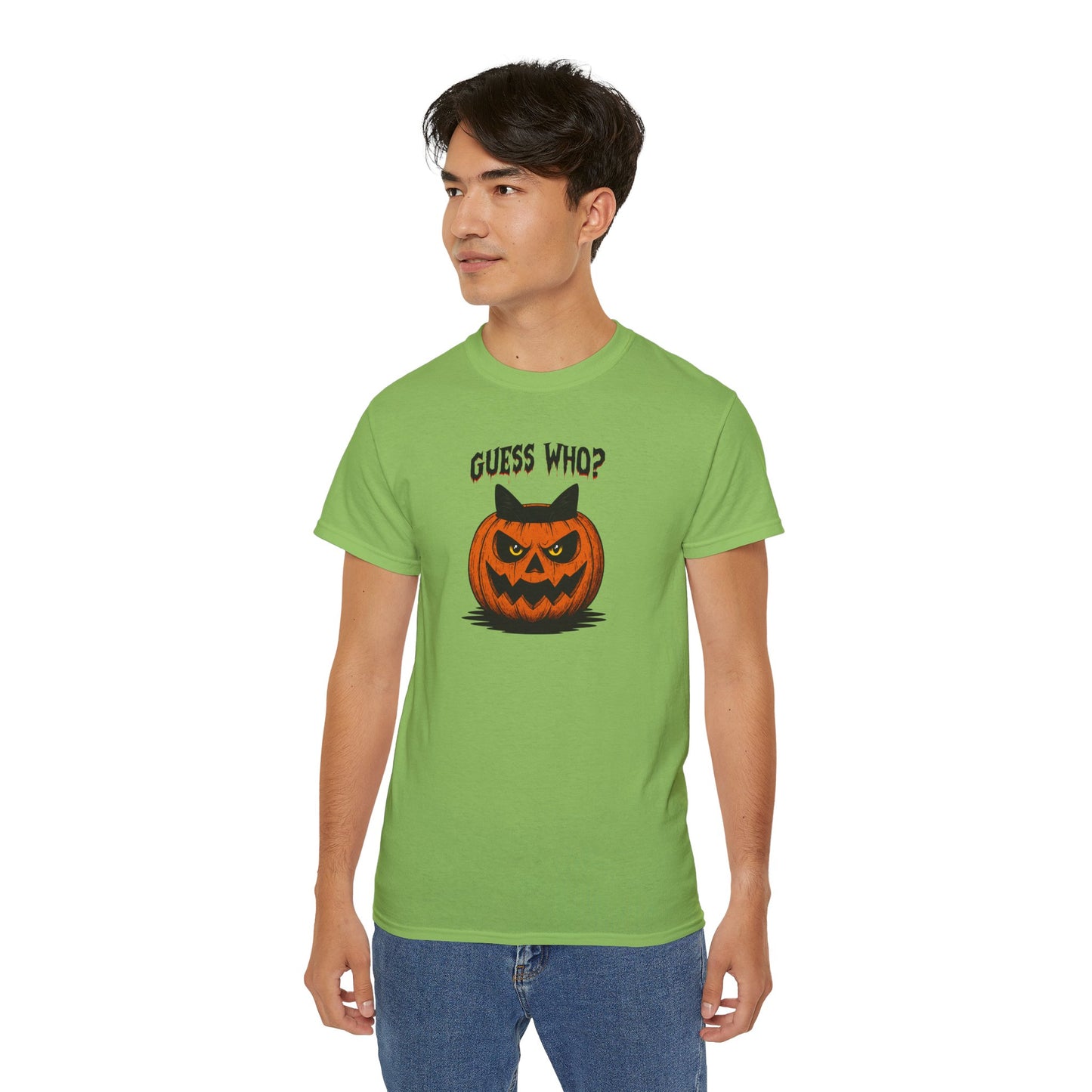 T-Shirt: Guess Who? – Halloween Cat Pumpkin Graphic Tee – Spooky Funny Unisex Shirt for Scary Season