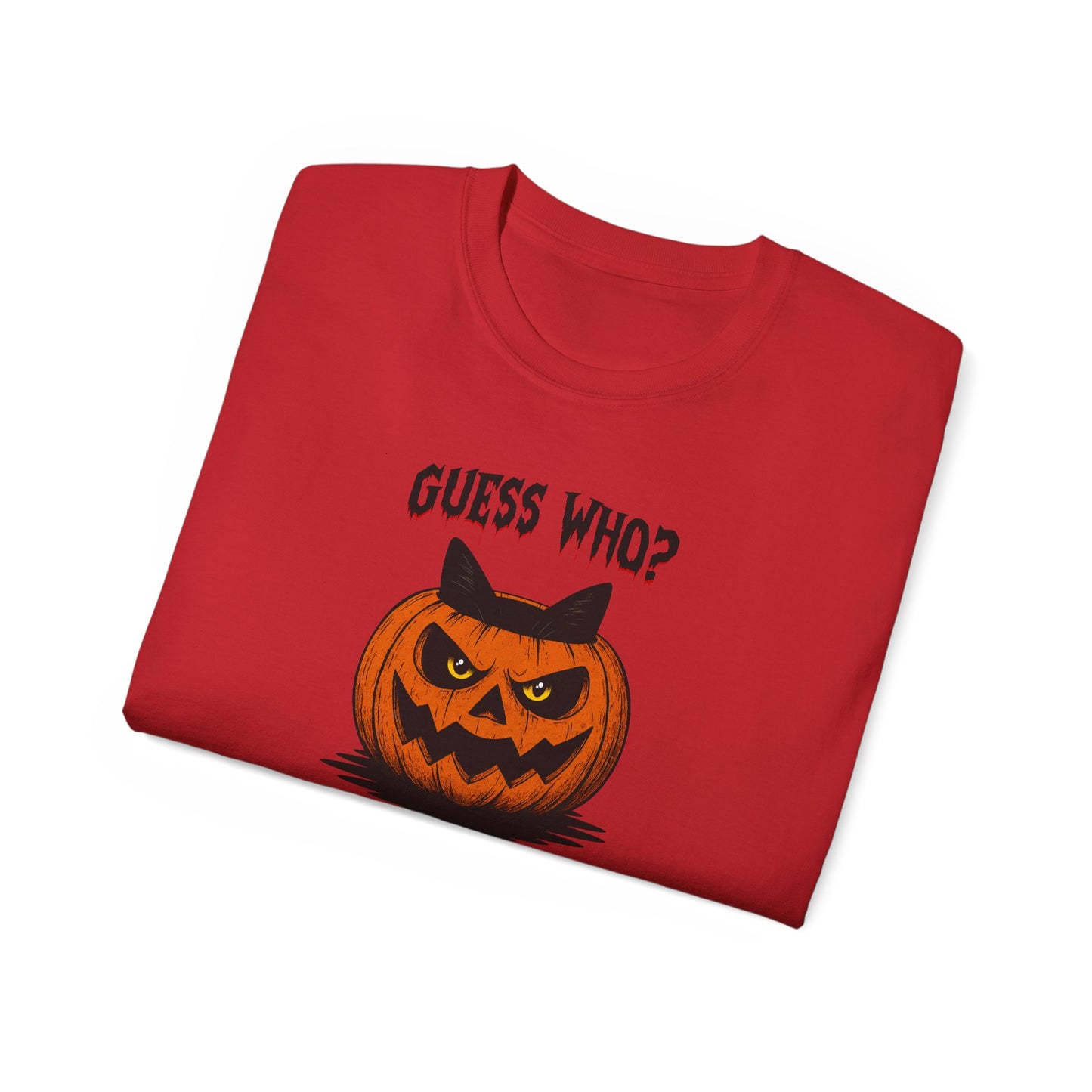 T-Shirt: Guess Who? – Halloween Cat Pumpkin Graphic Tee – Spooky Funny Unisex Shirt for Scary Season