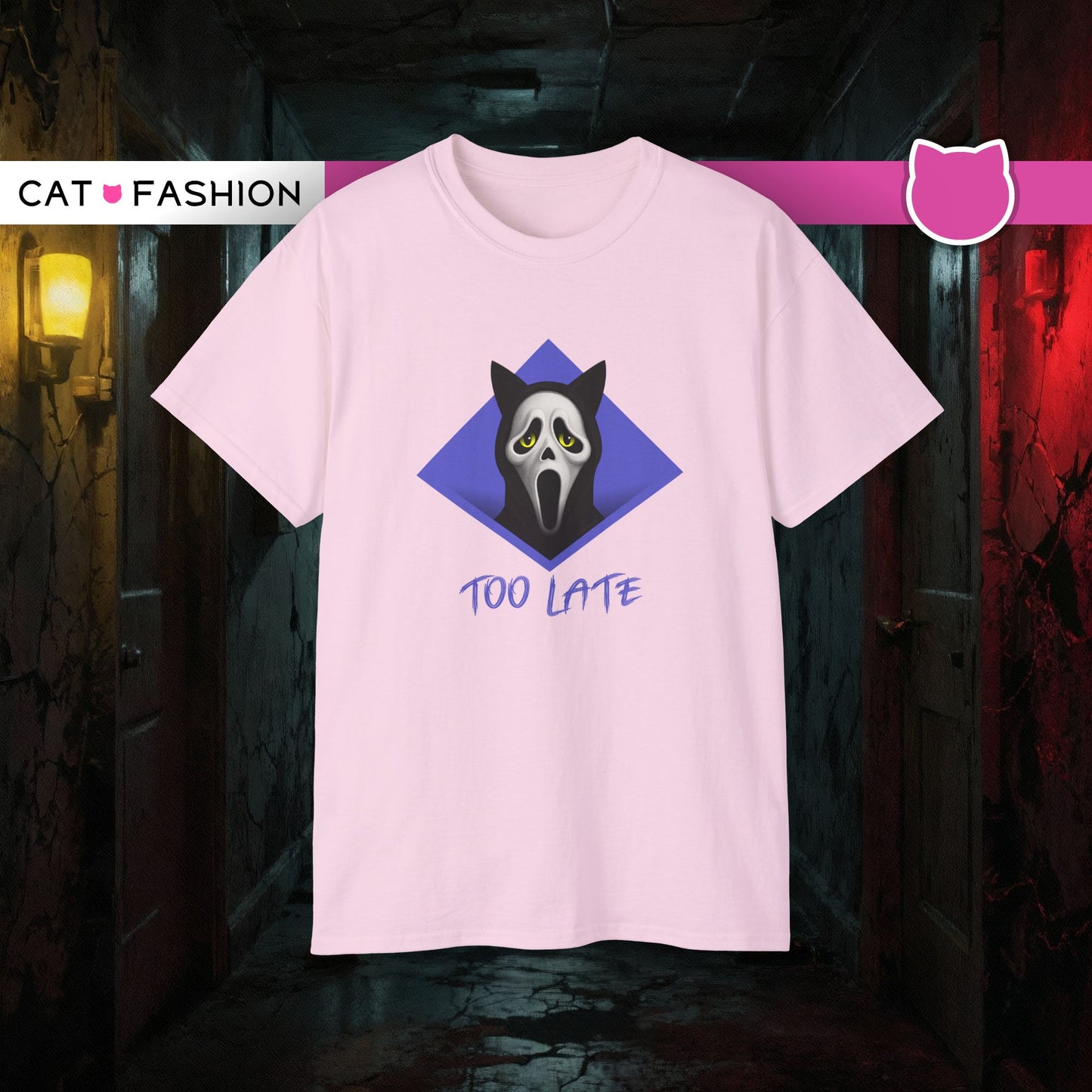 T-Shirt: Too Late – Scream Cat Ghost Mask Graphic Tee – Halloween Unisex Shirt for Spooky Season & Creepy Vibes