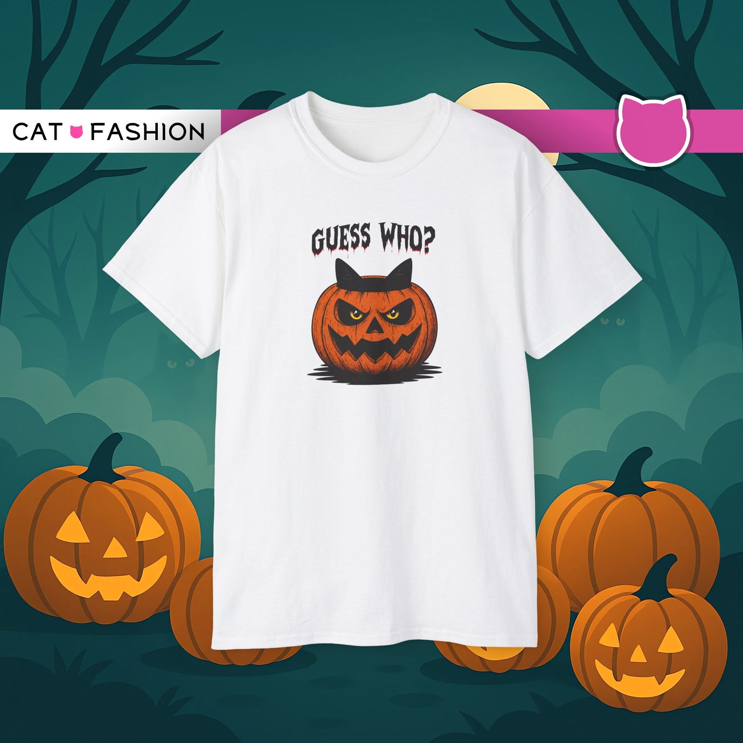 T-Shirt: Guess Who? – Halloween Cat Pumpkin Graphic Tee – Spooky Funny Unisex Shirt for Scary Season