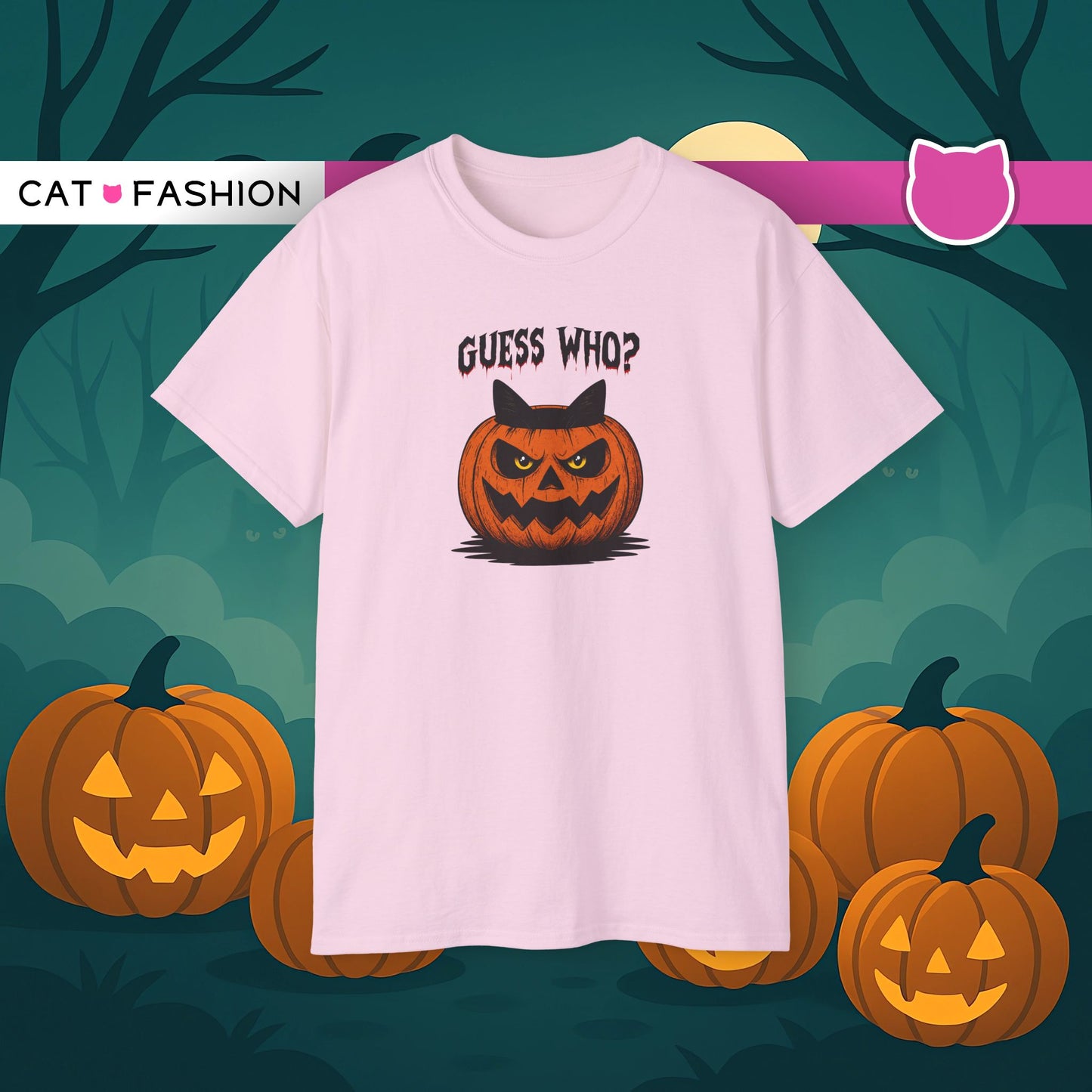 T-Shirt: Guess Who? – Halloween Cat Pumpkin Graphic Tee – Spooky Funny Unisex Shirt for Scary Season