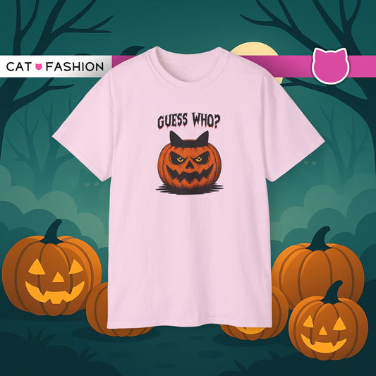 T-Shirt: Guess Who? – Halloween Cat Pumpkin Graphic Tee – Spooky Funny Unisex Shirt for Scary Season