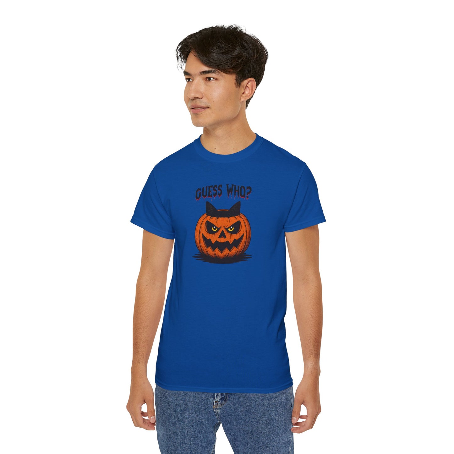 T-Shirt: Guess Who? – Halloween Cat Pumpkin Graphic Tee – Spooky Funny Unisex Shirt for Scary Season