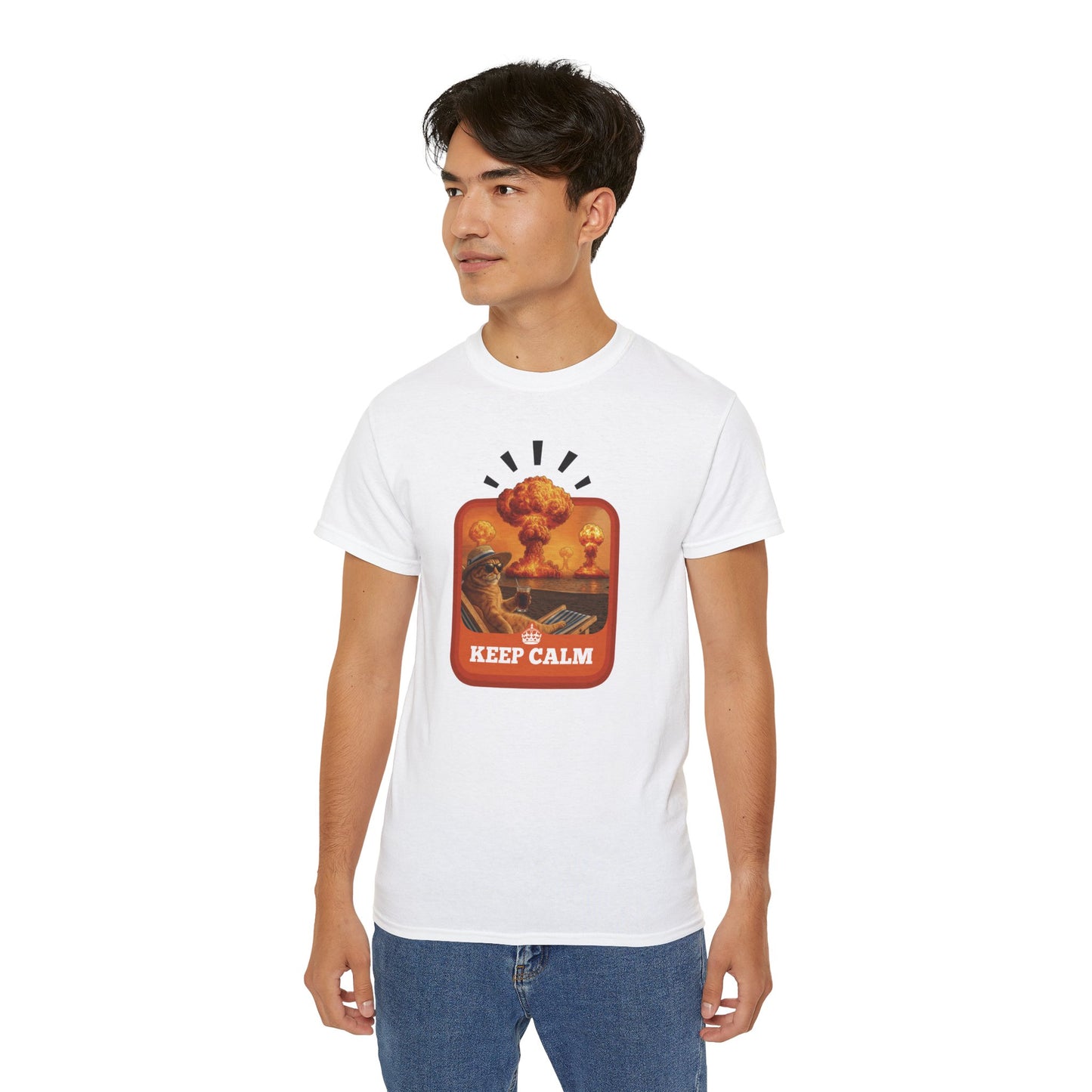 T-Shirt: Keep Calm – Surreal Cat in Chaos Artwork – Funny Apocalypse Parody for Dark Humor Fans