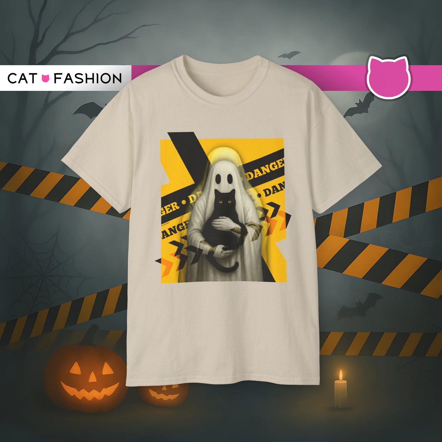 T-Shirt: Danger Cat and Ghost – Spooky Halloween Graphic Tee – Funny Unisex Shirt for Horror Fans