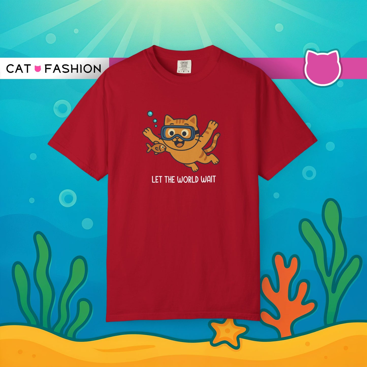 T-Shirt: Let The World Wait - Funny Swimming Cat Graphic Tee - Cute Unisex Shirt for Cat Lovers & Chill Vibes