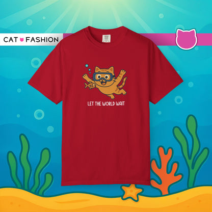 T-Shirt: Let The World Wait - Funny Swimming Cat Graphic Tee - Cute Unisex Shirt for Cat Lovers & Chill Vibes