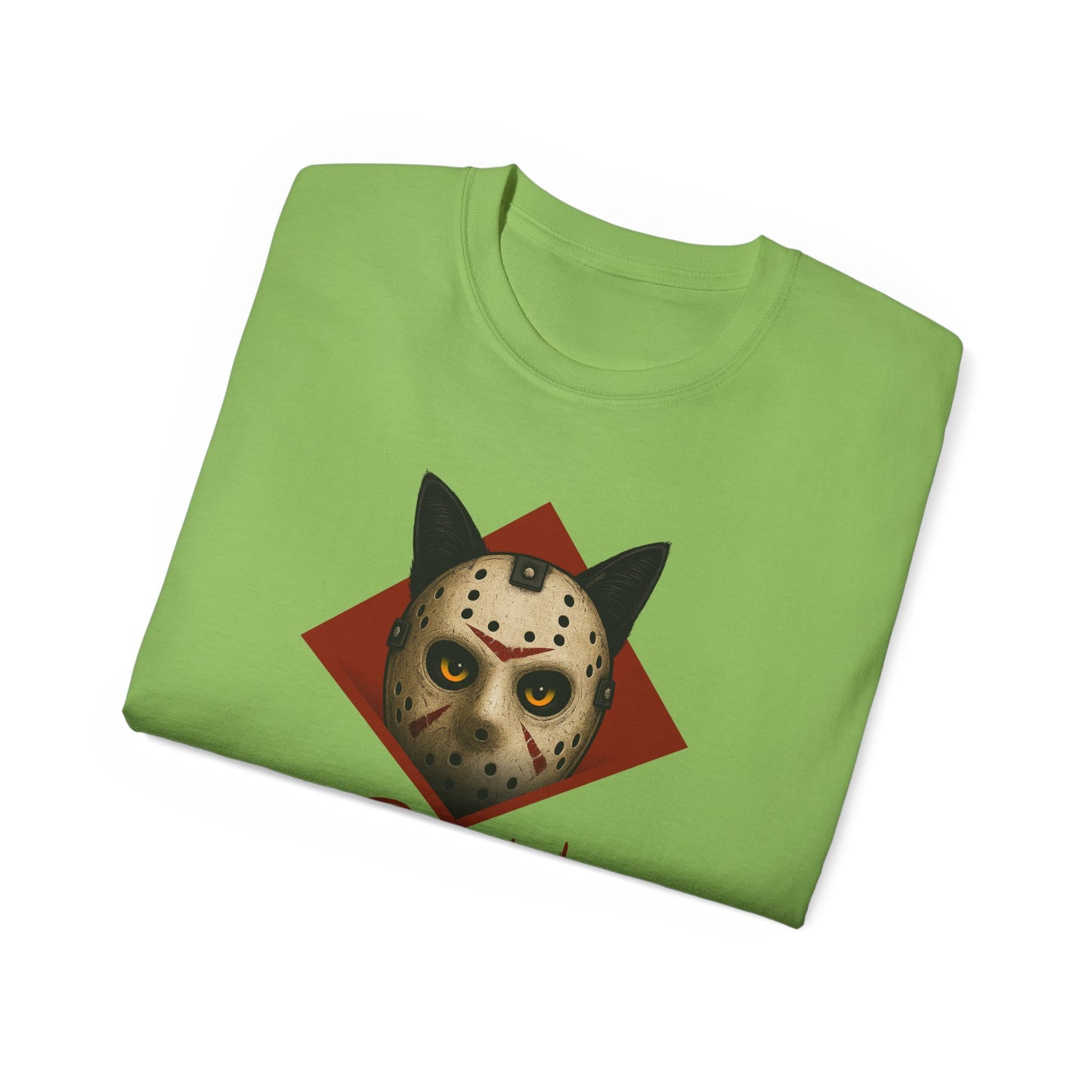 T-Shirt: RUN – Creepy Cat Horror Mask Graphic Tee – Halloween Scary Unisex Shirt for Spooky Season