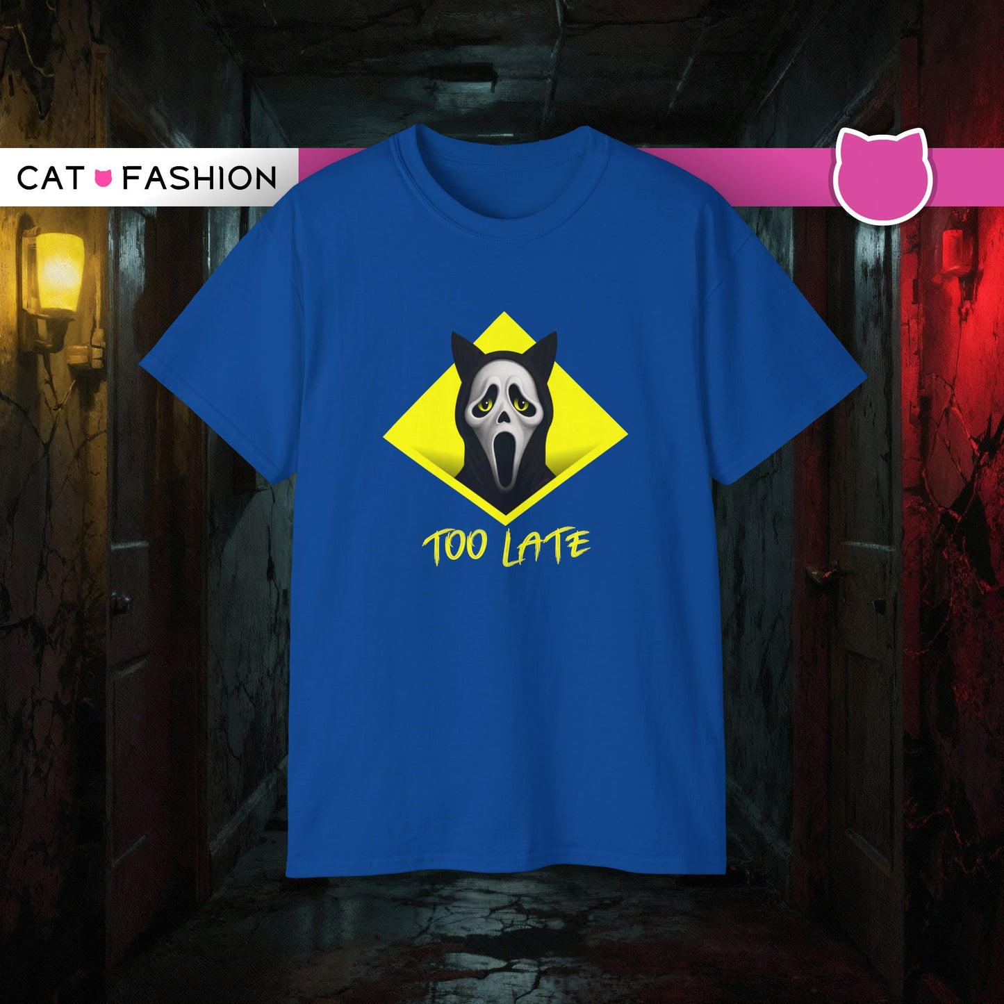 T-Shirt: Too Late – Scream Cat Ghost Mask Graphic Tee – Halloween Unisex Shirt for Spooky Season & Creepy Vibes