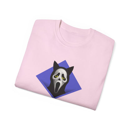 T-Shirt: Too Late – Scream Cat Ghost Mask Graphic Tee – Halloween Unisex Shirt for Spooky Season & Creepy Vibes