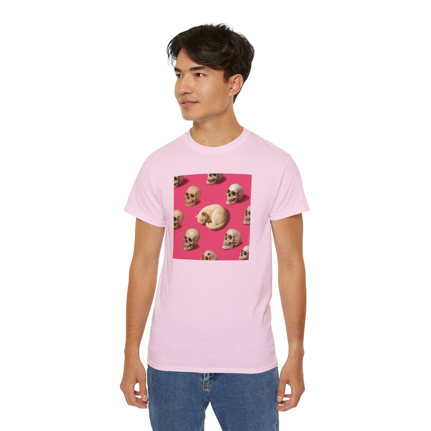 T-Shirt: The Cat and His Former Owners – Dark Humor Cat Graphic Tee – Funny Spooky Skull Unisex Shirt for Gothic Vibes