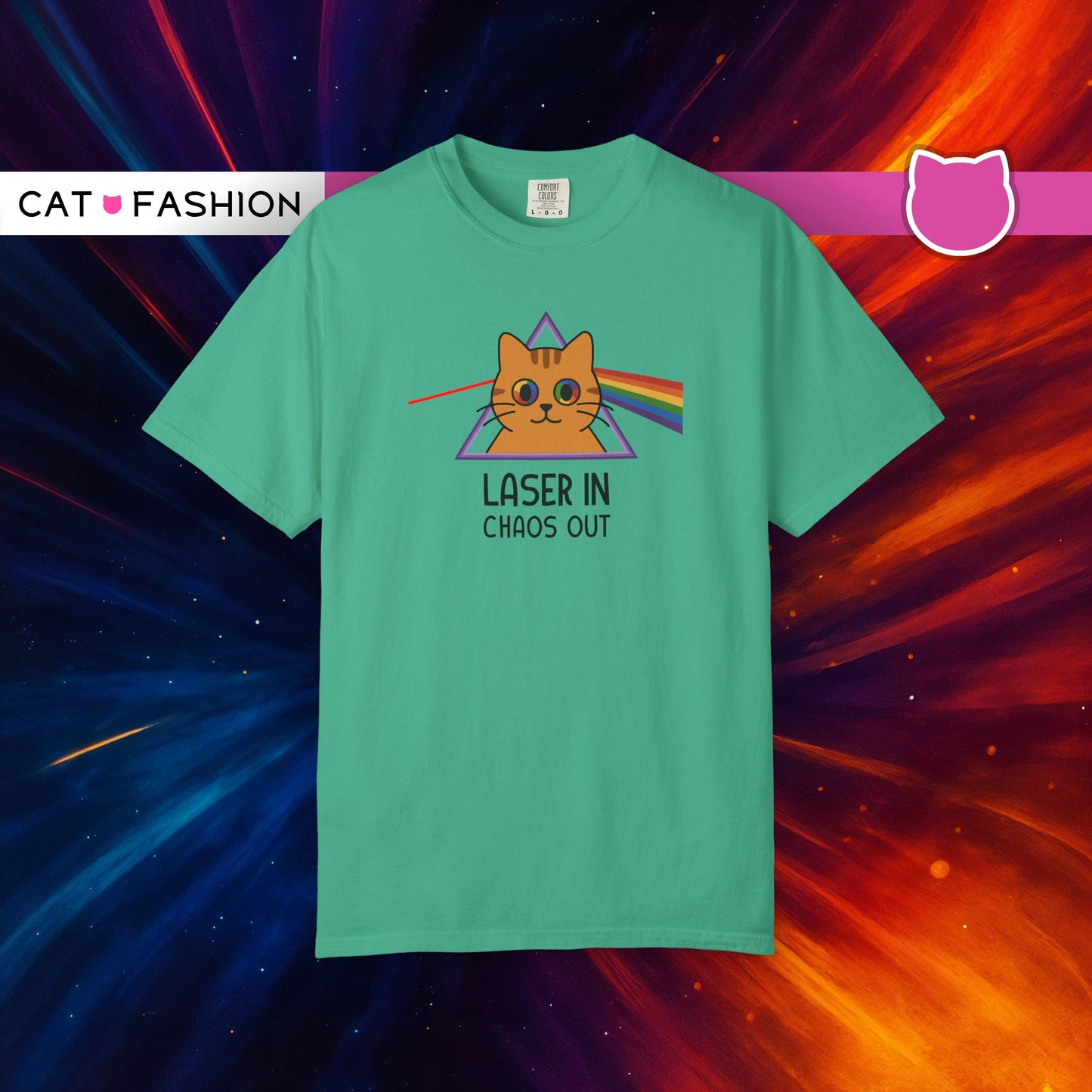 T-Shirt: Laser In - Chaos Out Cat Tee - Funny Rainbow Triangle Meme Shirt - Unisex Graphic Top for Nerds, Gamers and Cat People