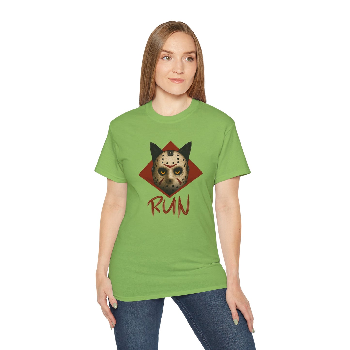 T-Shirt: RUN – Creepy Cat Horror Mask Graphic Tee – Halloween Scary Unisex Shirt for Spooky Season