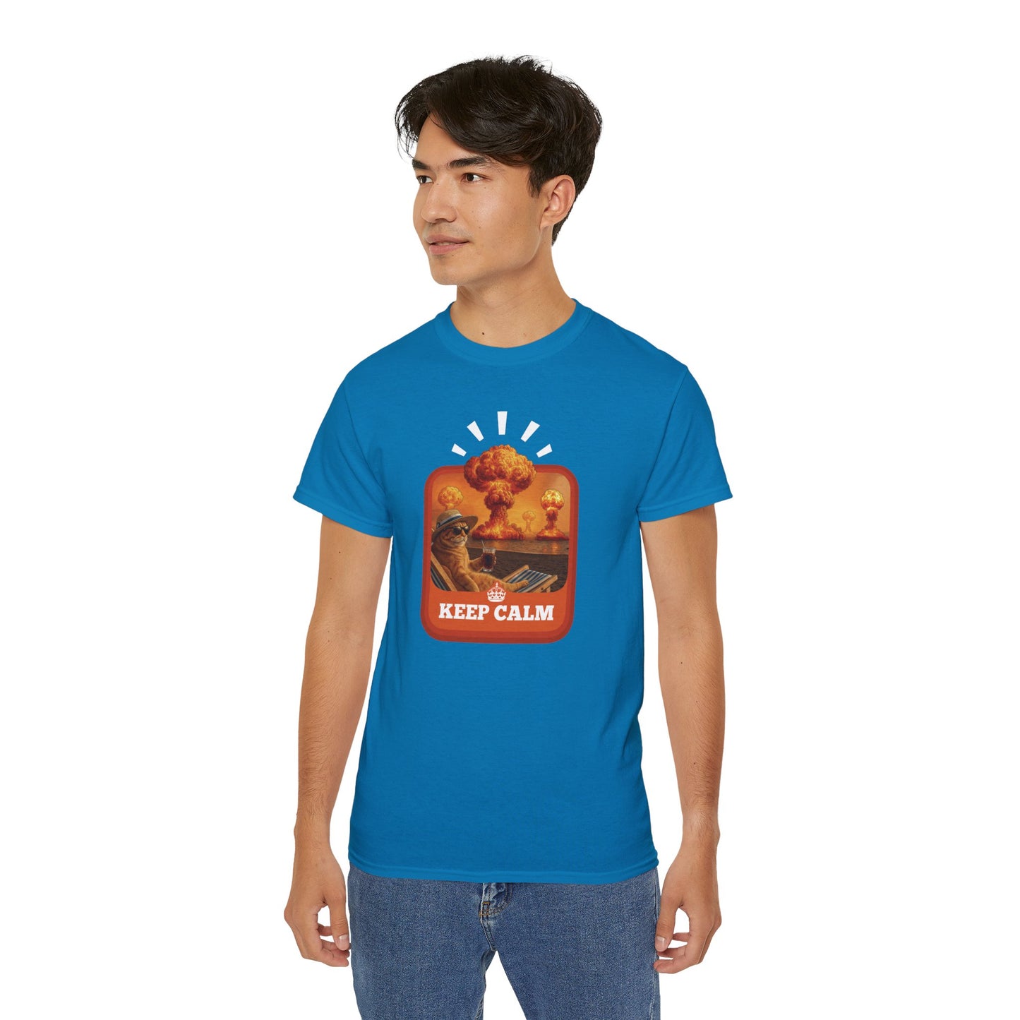T-Shirt: Keep Calm – Surreal Cat in Chaos Artwork – Funny Apocalypse Parody for Dark Humor Fans