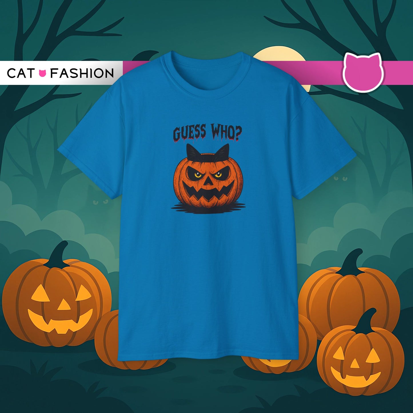 T-Shirt: Guess Who? – Halloween Cat Pumpkin Graphic Tee – Spooky Funny Unisex Shirt for Scary Season