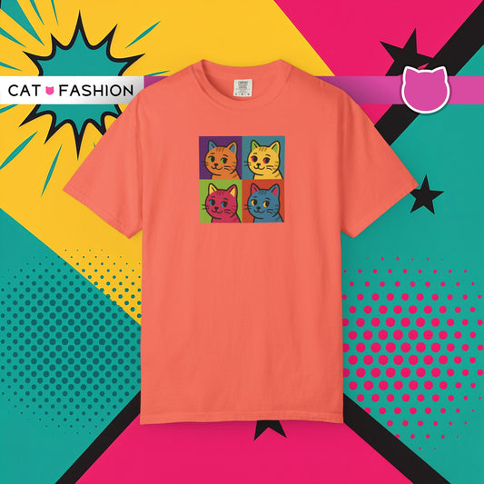 T-Shirt: Pop Art Cats - Colorful Retro Style Kitty Faces Graphic Tee - Funny Unisex Shirt for Cat Lovers and Art Fans