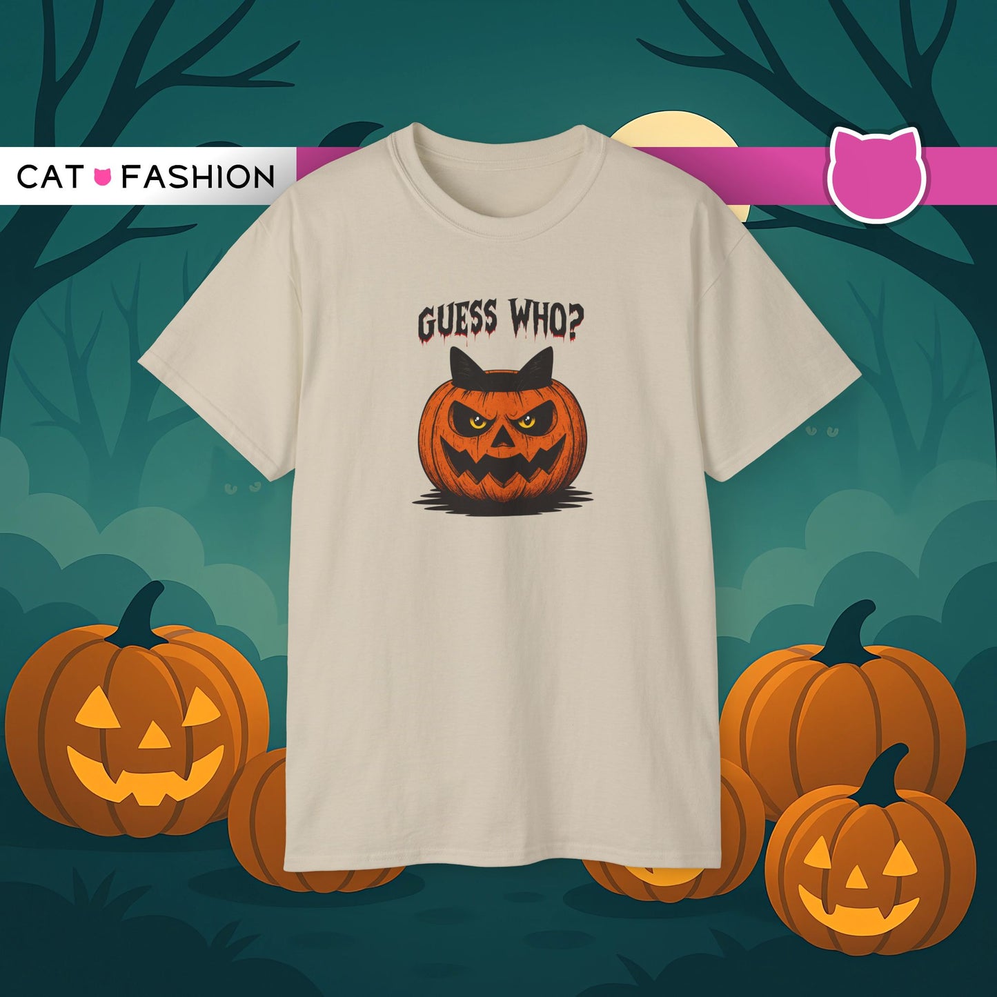 T-Shirt: Guess Who? – Halloween Cat Pumpkin Graphic Tee – Spooky Funny Unisex Shirt for Scary Season