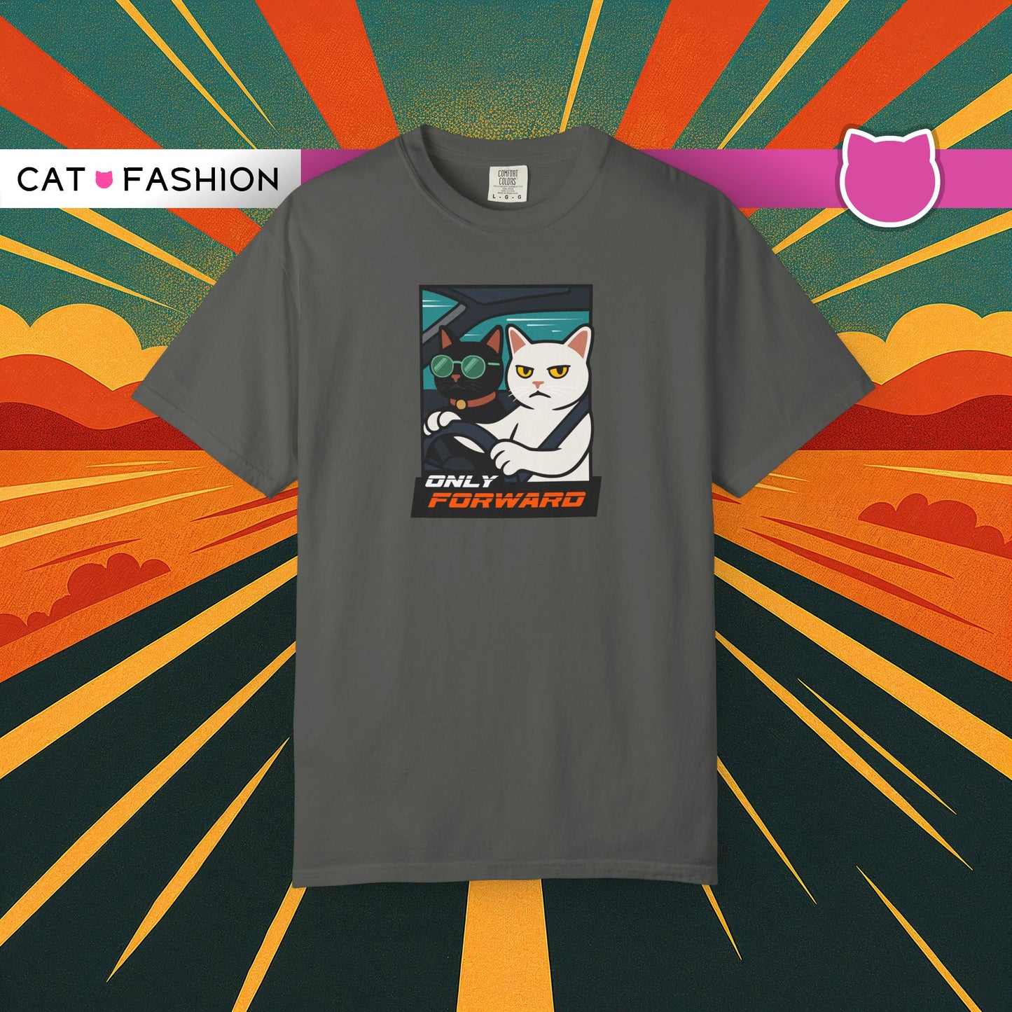 T-Shirt: Only Forward – Funny Cats Driving Graphic Tee – Cool Meme Shirt for Road Trip Fans