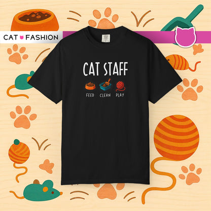 T-Shirt: Cat Staff Duties – Funny Pet Parent Graphic Tee – Cute Unisex Shirt Who Serve Their Furry Boss