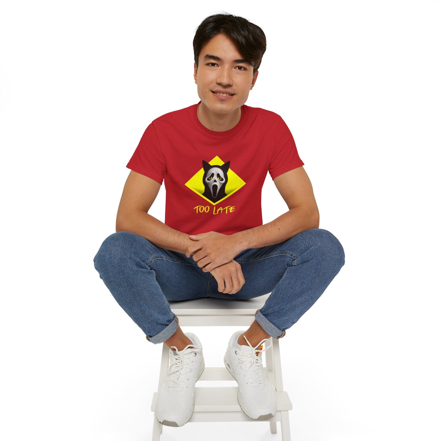 T-Shirt: Too Late – Scream Cat Ghost Mask Graphic Tee – Halloween Unisex Shirt for Spooky Season & Creepy Vibes