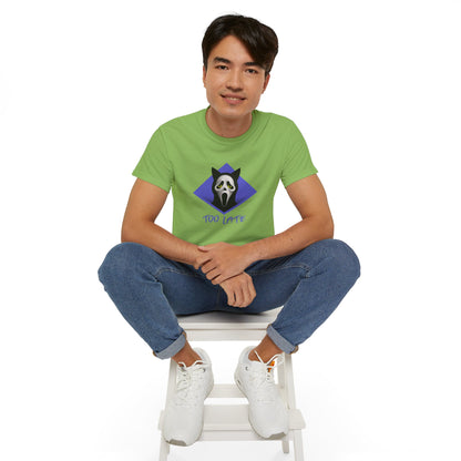 T-Shirt: Too Late – Scream Cat Ghost Mask Graphic Tee – Halloween Unisex Shirt for Spooky Season & Creepy Vibes