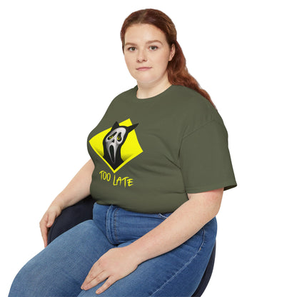 T-Shirt: Too Late – Scream Cat Ghost Mask Graphic Tee – Halloween Unisex Shirt for Spooky Season & Creepy Vibes