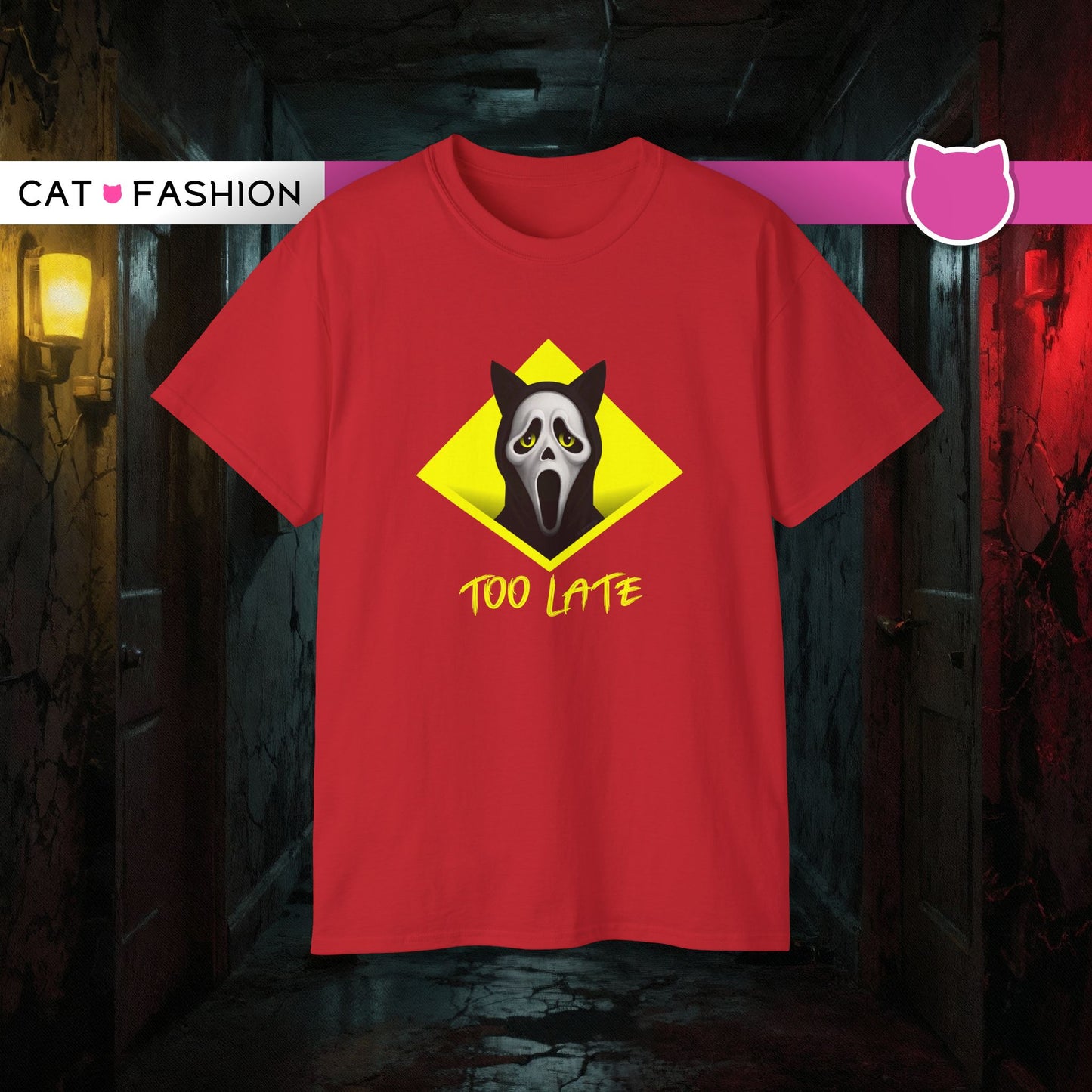 T-Shirt: Too Late – Scream Cat Ghost Mask Graphic Tee – Halloween Unisex Shirt for Spooky Season & Creepy Vibes