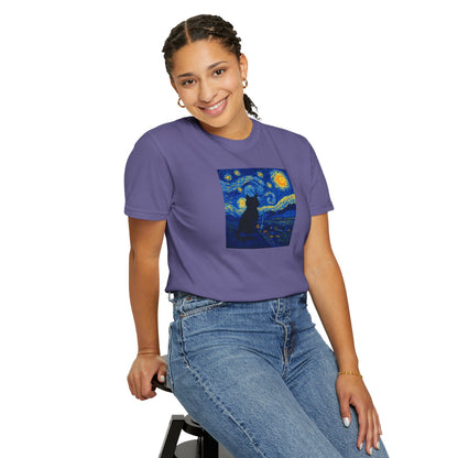 T-Shirt: The Starry Night with Cat - Van Gogh Parody Art Tee - Whimsical Unisex Shirt for Cat Lovers and Art Fans