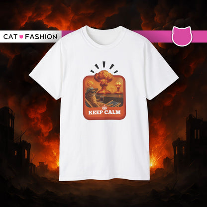 T-Shirt: Keep Calm – Surreal Cat in Chaos Artwork – Funny Apocalypse Parody for Dark Humor Fans