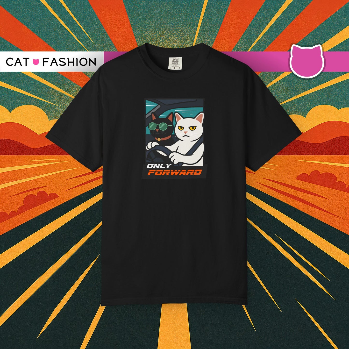T-Shirt: Only Forward – Funny Cats Driving Graphic Tee – Cool Meme Shirt for Road Trip Fans