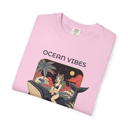 T-Shirt: Ocean Vibes – Anime Whale Rider Tee – Retro Japanese Style Shirt – Cat Girl Graphic Unisex Top for Surfers & Dreamers