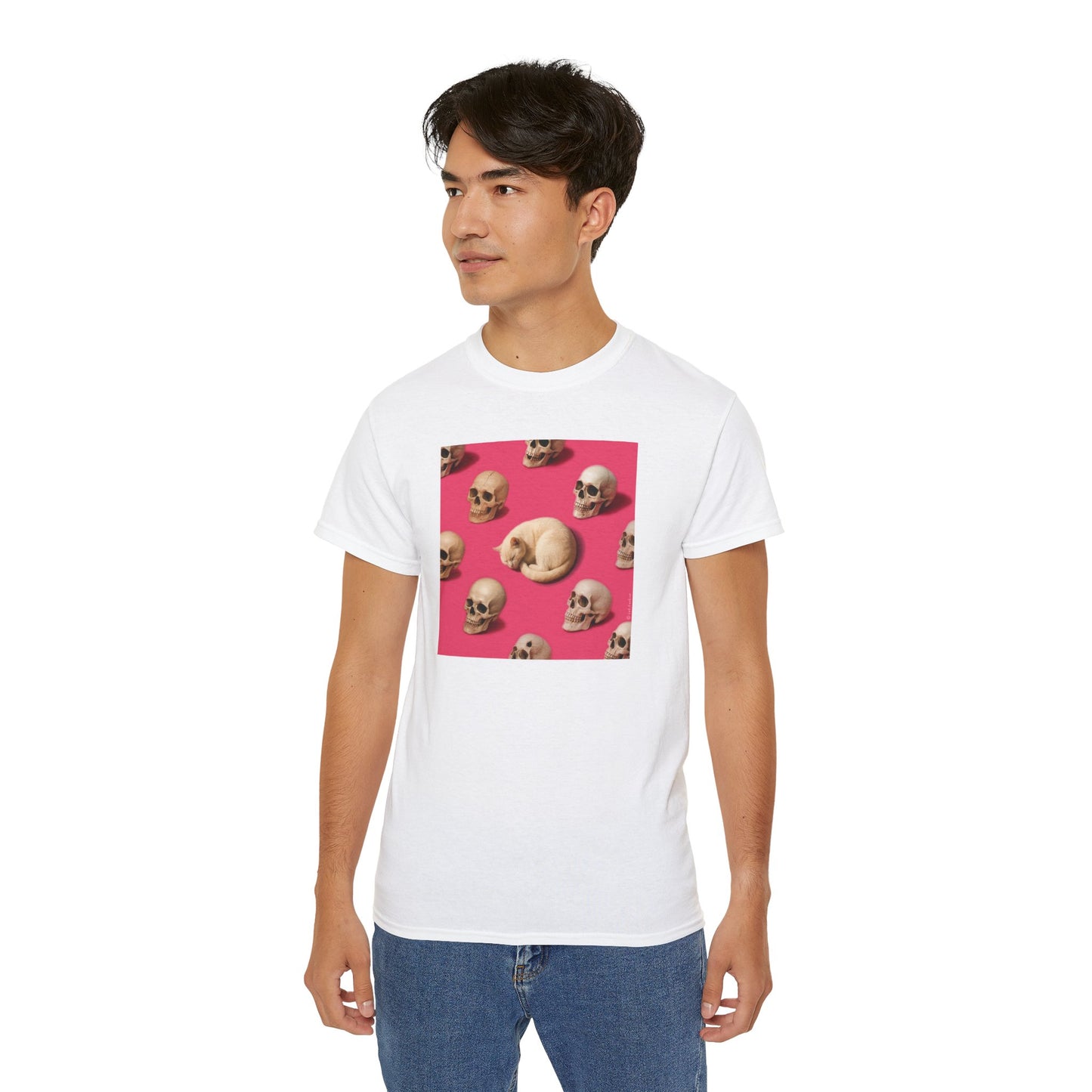 T-Shirt: The Cat and His Former Owners – Dark Humor Cat Graphic Tee – Funny Spooky Skull Unisex Shirt for Gothic Vibes
