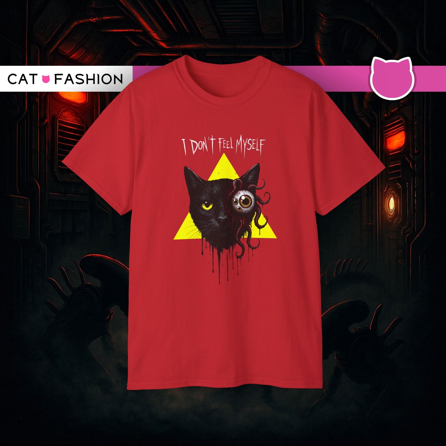 T-Shirt: I Don’t Feel Myself – Alien Horror Cat Graphic Tee – Creepy Gothic Unisex Shirt for Halloween & Sci-Fi Fans