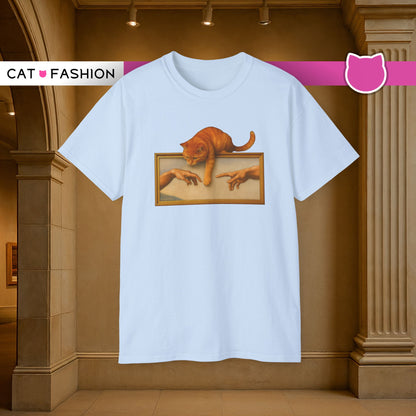 T-Shirt: Creation Interrupted – Funny Cat Parody of Michelangelo’s Art – Playful Graphic Tee for Cat Lovers & Humor Fans