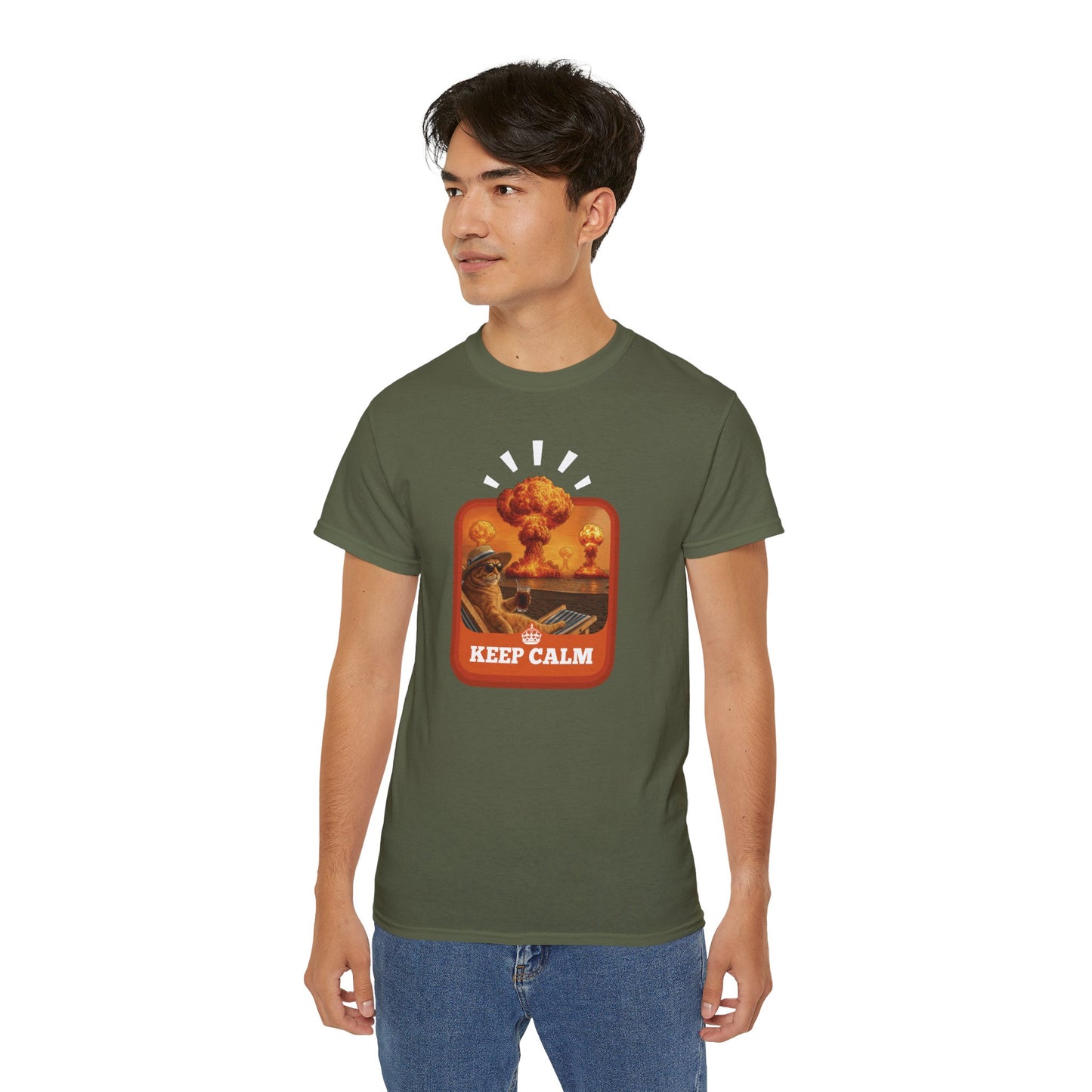 T-Shirt: Keep Calm – Surreal Cat in Chaos Artwork – Funny Apocalypse Parody for Dark Humor Fans