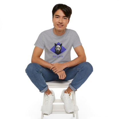 T-Shirt: Too Late – Scream Cat Ghost Mask Graphic Tee – Halloween Unisex Shirt for Spooky Season & Creepy Vibes