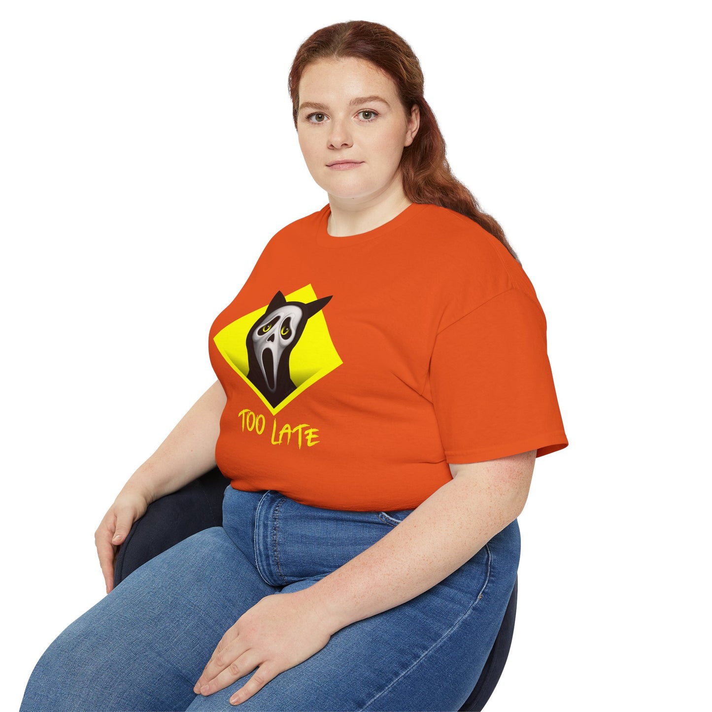 T-Shirt: Too Late – Scream Cat Ghost Mask Graphic Tee – Halloween Unisex Shirt for Spooky Season & Creepy Vibes