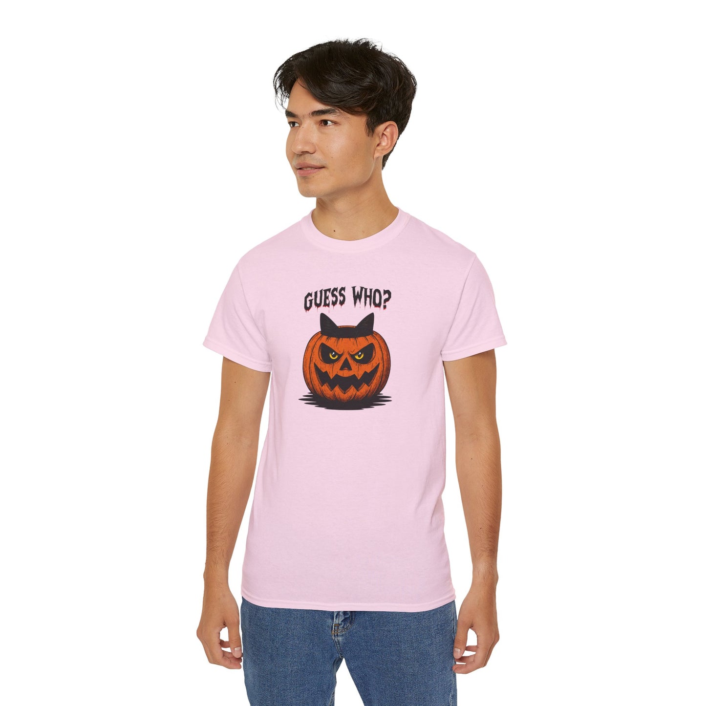 T-Shirt: Guess Who? – Halloween Cat Pumpkin Graphic Tee – Spooky Funny Unisex Shirt for Scary Season