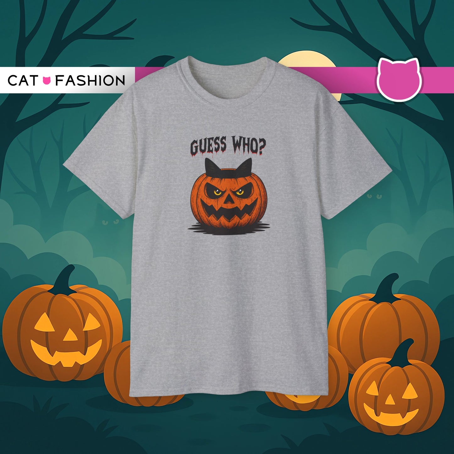 T-Shirt: Guess Who? – Halloween Cat Pumpkin Graphic Tee – Spooky Funny Unisex Shirt for Scary Season