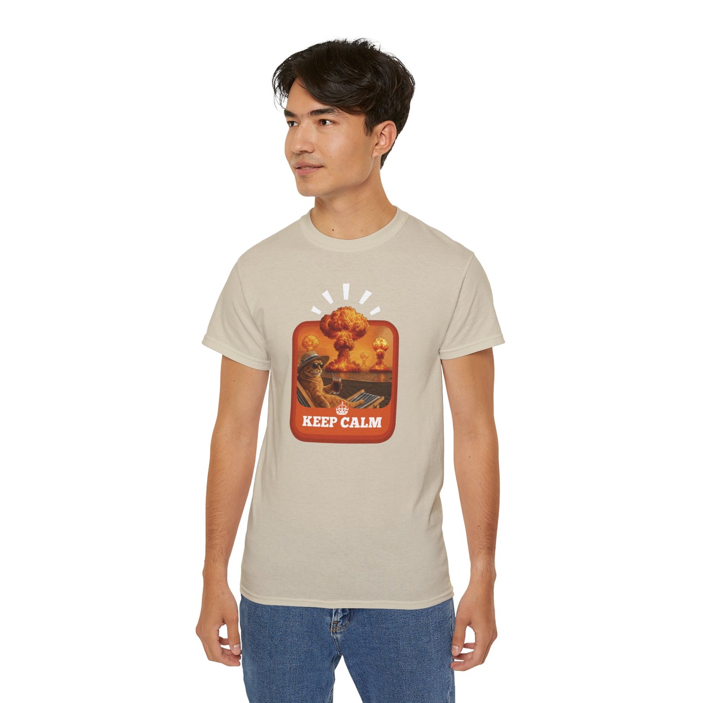 T-Shirt: Keep Calm – Surreal Cat in Chaos Artwork – Funny Apocalypse Parody for Dark Humor Fans