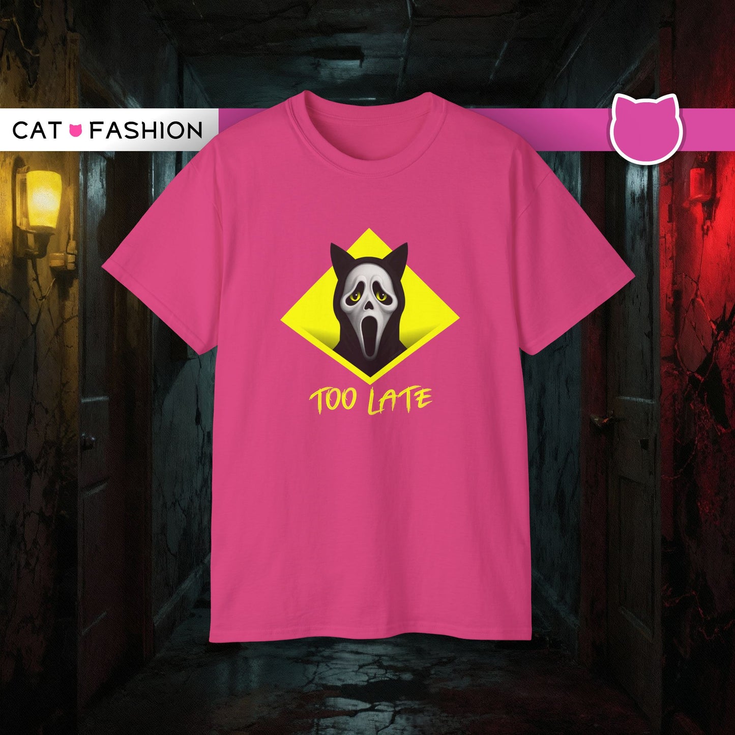 T-Shirt: Too Late – Scream Cat Ghost Mask Graphic Tee – Halloween Unisex Shirt for Spooky Season & Creepy Vibes