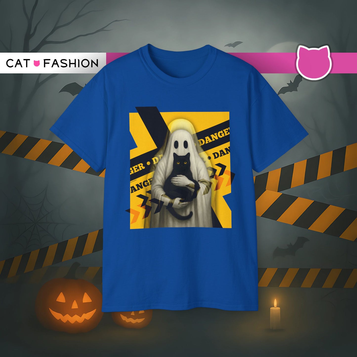 T-Shirt: Danger Cat and Ghost – Spooky Halloween Graphic Tee – Funny Unisex Shirt for Horror Fans