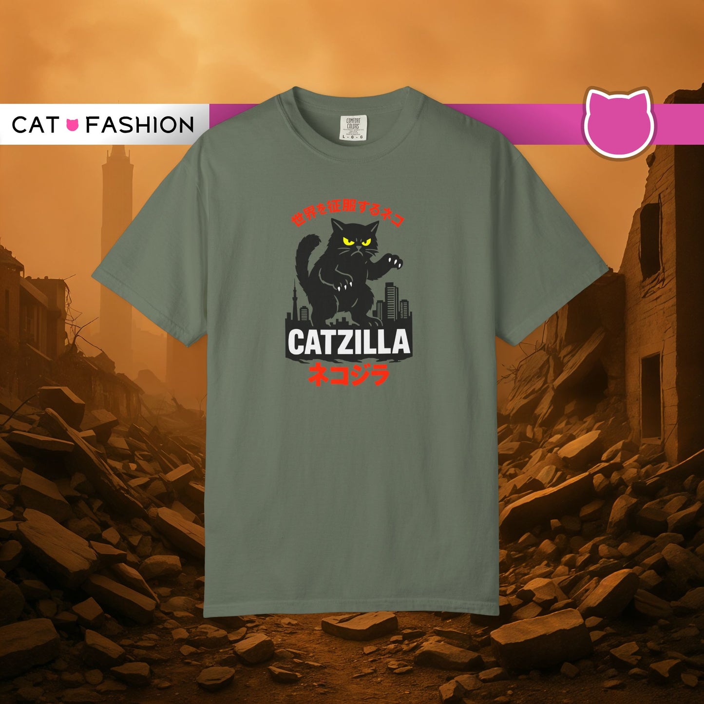 T-Shirt: Catzilla – Funny Japanese Monster Cat Meme Graphic Tee – Godzilla Parody Unisex Shirt for Cat Lovers & Otaku Vibes