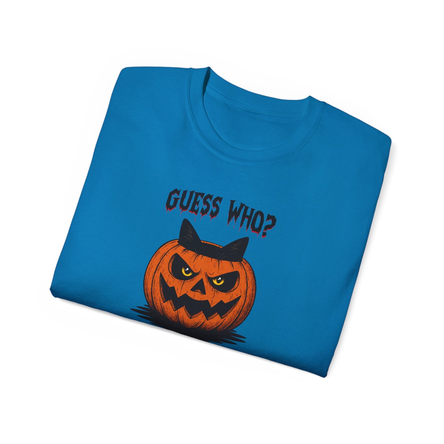 T-Shirt: Guess Who? – Halloween Cat Pumpkin Graphic Tee – Spooky Funny Unisex Shirt for Scary Season