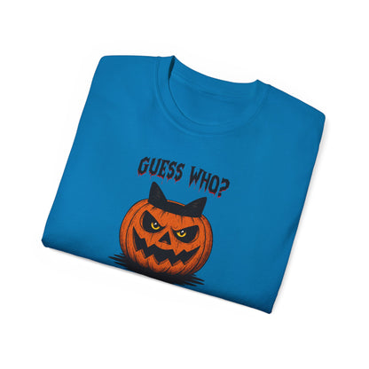 T-Shirt: Guess Who? – Halloween Cat Pumpkin Graphic Tee – Spooky Funny Unisex Shirt for Scary Season